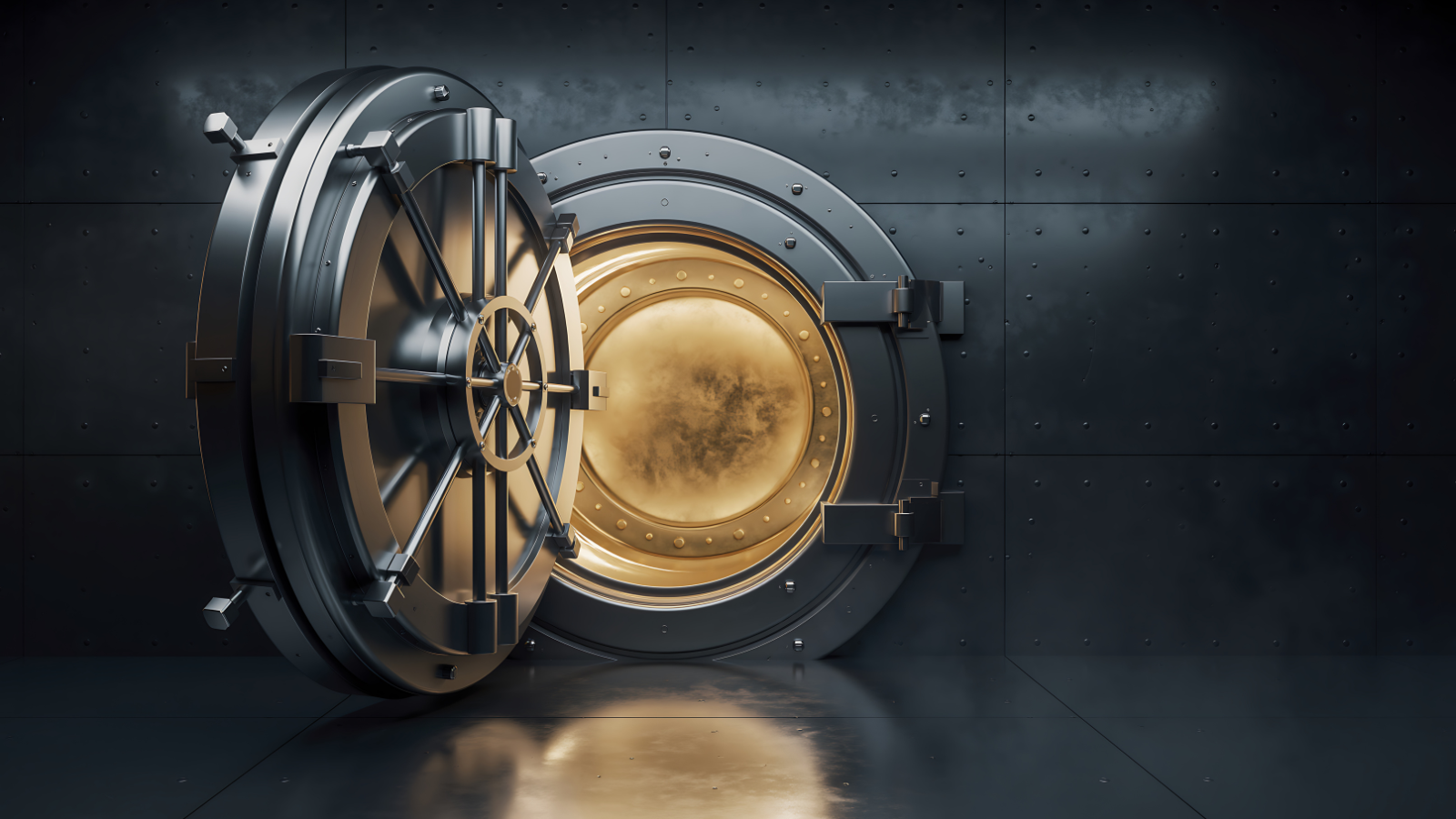 Open bank vault door with a gleaming gold interior, symbolizing secure financial assets and robust protection.